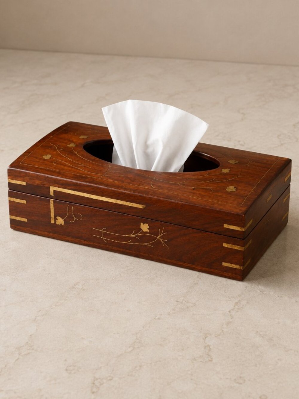 Vintage Wooden Tissue Box Cover Brass Inlay Floral Handcrafted Wood Decor 10.5"